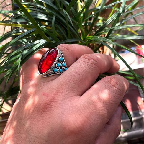 Retro Thick Silver Plated Rings with Stone for Men Women,Green Turquoise Ring,Natural Agate Stone Ring,Onyx Ring for Men,Garnet Rings,Turkey Rings,Precious Oval Shaped Gemstone Jewelry in Saudi Arabia