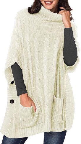 Women's Poncho Sweater Turtle Cowl Neck Batwing Sleeve Pullover Sweaters with Pockets in Saudi Arabia