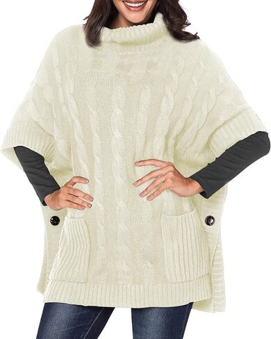Women's Poncho Sweater Turtle Cowl Neck Batwing Sleeve Pullover Sweaters with Pockets in Saudi Arabia