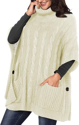 Women's Poncho Sweater Turtle Cowl Neck Batwing Sleeve Pullover Sweaters with Pockets in Saudi Arabia