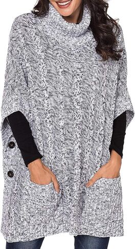 Women's Poncho Sweater Turtle Cowl Neck Batwing Sleeve Pullover Sweaters with Pockets in Saudi Arabia