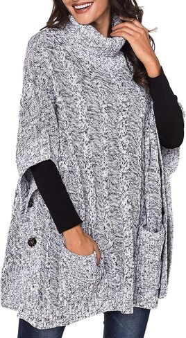 سترة بونشو نسائية برقبة سلحفاة وأكمام تشبه جناح الخفاش مع جيوب in Kuwait