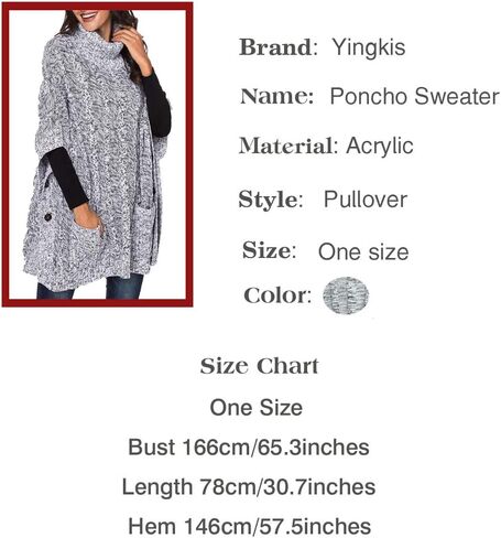 Women's Poncho Sweater Turtle Cowl Neck Batwing Sleeve Pullover Sweaters with Pockets in Saudi Arabia