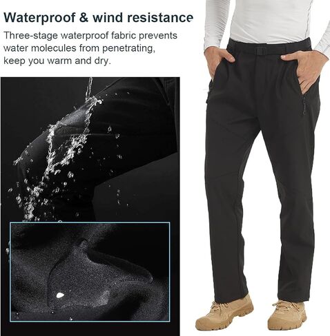 سراويل YUSHOW للرجال للتزلج على الجليد مقاومة للماء مبطنة بالصوف سراويل ناعمة للمشي لمسافات طويلة في الهواء الطلق للرجال بجيوب بسحاب in Kuwait