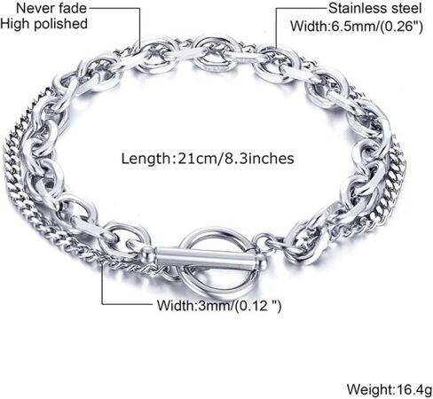 Men's and Women's Stainless Steel Bracelet, 8.3/inch Stainless Steel Double Layer Chain Link, Classic Bracelet Hip Hop Style Fashion Layered Accessories in Kuwait