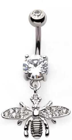 Pierced Owl 14GA 316L Stainless Steel Bee with CZ Crystal Paved Wings Dangling Belly Button Ring in Saudi Arabia