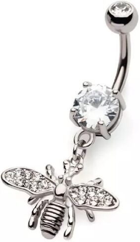 Pierced Owl 14GA 316L Stainless Steel Bee with CZ Crystal Paved Wings Dangling Belly Button Ring in Saudi Arabia