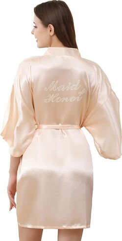 QXQTER Womens Bridesmaid Bride Bridal Robe Satin Robes for Wedding Bridal Party Getting Ready with Silver Rhinestones in Saudi Arabia