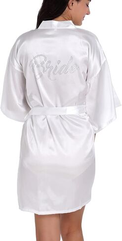 QXQTER Womens Bridesmaid Bride Bridal Robe Satin Robes for Wedding Bridal Party Getting Ready with Silver Rhinestones in Saudi Arabia