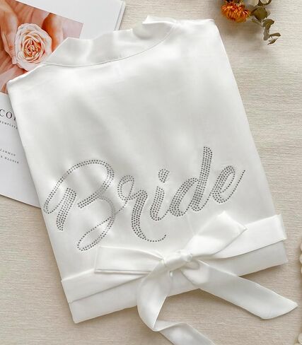 QXQTER Womens Bridesmaid Bride Bridal Robe Satin Robes for Wedding Bridal Party Getting Ready with Silver Rhinestones in Saudi Arabia