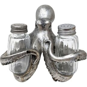 BestGiftEver Nautical Salt & Pepper Shaker Set with Silver Octopus Holder - Beach Themed Decor - For Ocean and Coastal Decor Enthusiasts