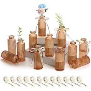 SOJOCK Amber Bud Vases Set of 12,Small Glass Vases,Mini Bud Vases in Bulk, Ribbed Vases for Centerpieces,Vintage Flower Vases for Home & Table Decor,Wedding Gift in Saudi Arabia
