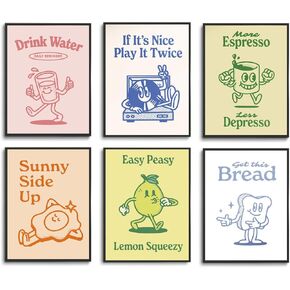 Fetyiu Funny kitchen Canvas Wall Art Weird Food Poster Prints Set of 6 Eclectic Retro Trendy Aesthetic Painting Cute Green Pictures Artwork Wall Decor for Dining Room Gallery Kids Room 8x10in Unframed