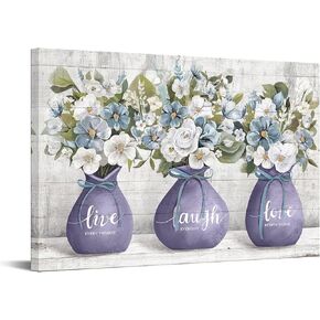 Rustic Wall Art Canvas Flowers in Purple Vase with Inspirational Quotes Live Laugh Love Poster Farmhouse Artwork Modern Home Decorations Framed and Stretched Ready to Hang for Living Room