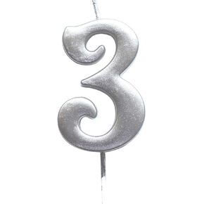 MAGJUCHE Silver 3rd Birthday Numeral Candle, Number 3 Cake Topper Candles Party Decoration for Girl Or Boy