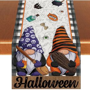 Linen Halloween Trick or Treat Table Runner Gnome Pumpkin Spooky Skulls Birthday Party Decorations and Supplies for Home Kitchen Dining Room Table-13×72''