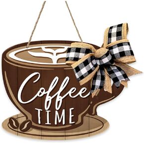 Deroro Coffee Time Sign for Front Door Decor, Coffee Cup Farmhouse Wood Door Hanger for Coffee Bar Cafe Outdoor Outside Porch, Rustic Wooden Wreath with Plaid Bow Indoor Wall Hanging Decoration
