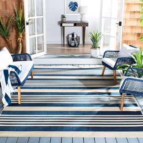 SAFAVIEH Courtyard Collection 7'10" Square Navy/Beige CY6062 Stripe Indoor/ Outdoor Waterproof Easy-Cleaning Patio Backyard Mudroom Area-Rug
