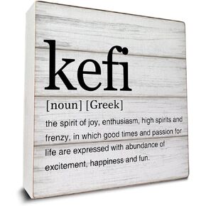 Greek Art Kefi Definition Wooden Box Sign Life Quotes Desk Decorative Wooden Sign Home Office Decor for Desk Table Shelf 5 x 5 Inches
