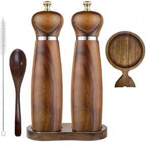 Wooden Salt and Pepper Grinder Set: Refillable Salt and Pepper Shakers, Manual Mills Made of Solid Acacia Wood, Ceramic/Stainless Steel Cores, Each 8 Inches in Size, Pack of 2