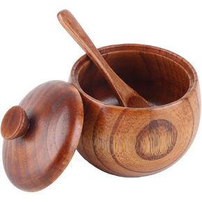 Hapivida Wood Salt Box Spice Jar, Wooden Salt Cellar with Lid and Spoon Pepper Sugar Bowl Seasoning Container Holder for Kitchen Serving