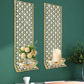 Crystal Wall Candle Sconces Decorative Candle Holder Sconce Metal Wall Art Home Decor for Bedroom Living Dining Room, Set of 2-Gold