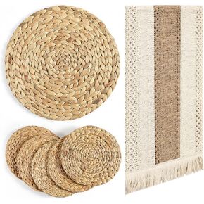 Baderke 7 Pcs Boho Table Runner and Placemats Set Table Runner 11.8 Inch Round Woven Placemats, Braided Natural Water Hyacinth Place Mat Farmhouse Rustic Table Runner for Home Dining (12 x 108 Inch)