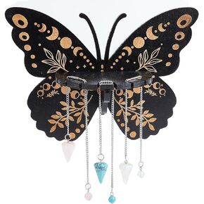 CREATCABIN Hamsa Hand Crystal Shelf Wooden Crystal Display Shelf Boho Floating Crystal Holder Stand with Pendulum Chain Hanging Witchy Stuff for Essential Oil Spiritual Wall Decor Gift Black 8x6Inch
