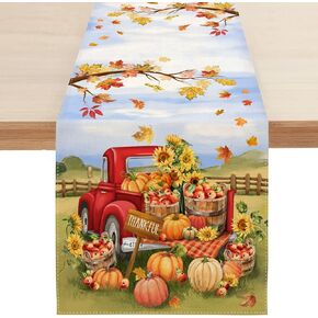 Fall Pumpkin Table Runner, Farm Apple Truck Autumn Thanksgiving Table Runners for Kitchen Dining Coffee or Indoor and Outdoor Home Parties Decor 13 x 72 Inches SK087