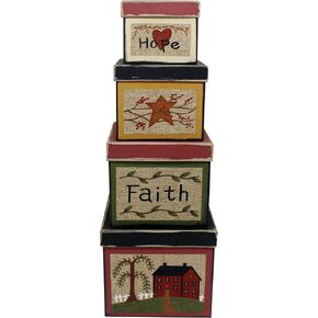 CVHOMEDECO. Square Primitives Vintage Hope Faith Star House Collectibles Cardboard Nesting Boxes, Set of 4. (8" x 8" x 7"H)