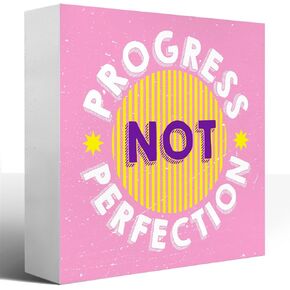 Inspirational Wood Block Sign,Progress Not Perfection Wooden Box Sign,Positive Signs for Teen Girl Room,Preppy Motivational Wooden Signs for Classroom Kid Room Desk Decor