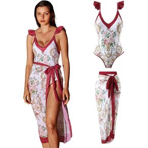 بدلة سباحة نسائية قطعة واحدة مع غطاء للتخسيس بدلة استحمام مع سارونج قطعتين ملابس سباحة ملفوفة للنساء بدلة سباحة قطعة واحدة مع مجموعة تغطية لباس سباحة أحمر زهري كبير in Kuwait