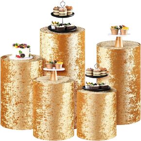 Set of 5 Gold Cylinder Pedestal Stand Covers, Flannel Cylinder Plinth Stand Cover Dessert Table Display Pillars Cover for Halloween Wedding Baby Shower Birthday Party Supplies