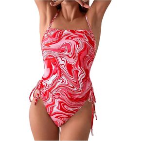 MakeMeChic Women's Graphic Print Drawstring One Piece Swimsuit Spaghetti Strap Sleeveless Beach Cami Monokini