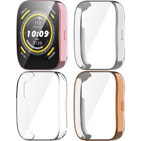 حافظة حامي الشاشة متوافقة مع Amazfit Bip 5، 4 عبوات من حافظة TPU المرنة غطاء حماية كامل مطلي مضاد للخدش لهاتف Amazfit Bip 5 (شفاف + فضي + ذهبي وردي + وردي)