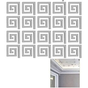 DIY Mirror Stickers, 20 PCS Removable 3D Wall Mirror Stickers Decals, Geometric Greek Key Pattern Acrylic Mirrors, Art Decorations for Home Wall Top Living Room Bedroom Background Waist line (Silver)