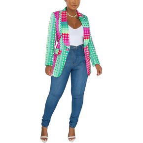 Women's Graphic Print Blazer Button Open Front Lapel Collar Long Sleeve Casual Jacket Multicolored