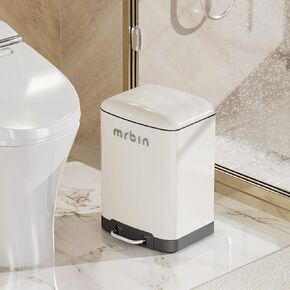 Small Bathroom Trash Can with Lid, Metal Step Waste Basket Touchless Soft Close, 6L / 1.6gal Rectangle Garbage Bucket with Stainless Steel Pedal for Kitchen, Office, Bedroom Accessories, White