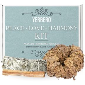 3 Piece Peace, Love, Harmony Kit - 1 Big Jericho Rose + 1 Palo Santo + 1 White Sage Smudging Stick 4'' | Bring Peace, Love, Abundance & Prosperity to Your House.