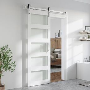 SmartStandard 36 x 84 inch Glass Barn Door with 6.6FT Brushed Nickel Sliding Hardware Kit & Handle, Pre-Drilled Ready to Assemble, Waterproof PVC Coating, White, 5-Panel Glass