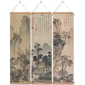 xinyuru Chinese Ancient Landscape Wall Art Poster,Tradition Canvas Printing,Oak Wood Scroll Painting Decor for Bedroom Living room (Landscape 01, 12"x41"x3 Piece)