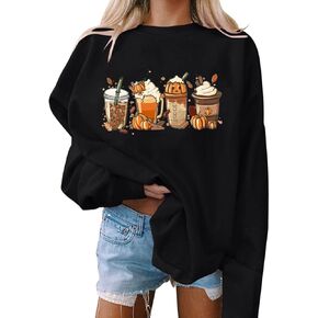 Halloween Sweatshirt Women Pumpkin Coffee Graphic Sweatshirts Cute Halloween Shirts Fall Crewneck Sweatshirt(01-Black,XX-Large)