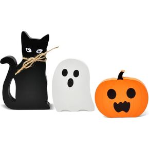 Gift Boutique 3 Halloween Wooden Table Decorations Centerpiece Block Black Cat White Ghost Orange Pumpkin Tiered Tray Tabletop Sign Home Party Decor