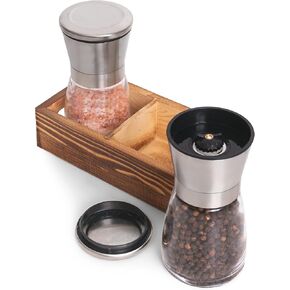 Salt and Pepper Grinder Set with Wood Tray, Manual Sea Salt, Spice and Peppercorn Mill, Glass Container, Stainless Steel Cap, Adjustable Coarseness and Refillable for Modern Farmhouse Kitchen Table