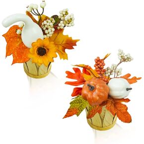 TORONTOKYO 6 Pieces Artificial Fall Potted Flowers, Small Fall Fake Plant with Pumpkins Maple Leaves Berries Sunflower Bamboo Basket Fall Table Decor for Harvest Farmhouse Home Party Thanksgiving Day