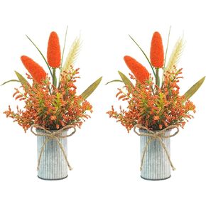2 Pcs Fall Table Centerpieces, Artificial Fall Flowers with Vase Fake Fall Orange Plants for Thanksgiving Halloween Autumn Dining Room Kitchen Home Office Party Decor