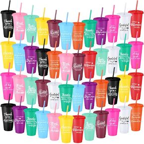 Skylety 24 Pcs Housekeeping Week Thank You Gifts 24 oz Plastic Tumbler Cup Bulk Employee Appreciation Gift Inspirational Tumbler with Lid and Straw for Environmentalist Coworker Women (Cute Color)