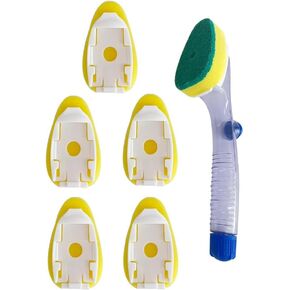 Dish Wand Soap Dispenser with 6 Refill Sponge Replacement Heads, Dish Brush Handle for Cleaning Dishes, Kitchen Dishwashing Sponge Brush, Bottle Brush Scrubber, Heavy Duty Non Scratch, Storage Clip.