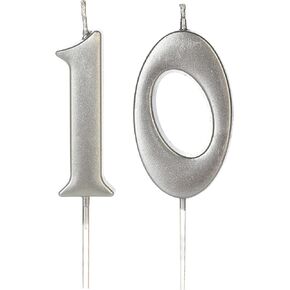 Silver 10th Birthday Candles for Cake, Number 10 1 Glitter Candle Party Anniversary Cakes Decoration for Kids Women or Men