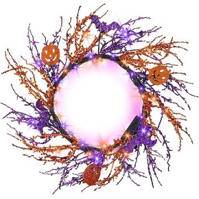 Enhon 20 بوصة مضاءة عيد الهالوين الخفافيش إكليل الديكور، 40 أضواء LED أرجوانية برتقالية 8 أوضاع تعمل بالبطارية إكليل فرع برتقالي أرجواني مع مؤقت للمنزل الأمامي الباب الداخلي ديكور الحائط الخارجي in Kuwait